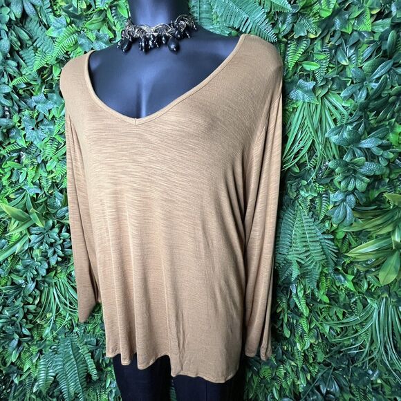 Old Navy Tops Women 4XL Light Brown Blouse V Neckline Long Sleeve 0211 - Picture 2 of 14
